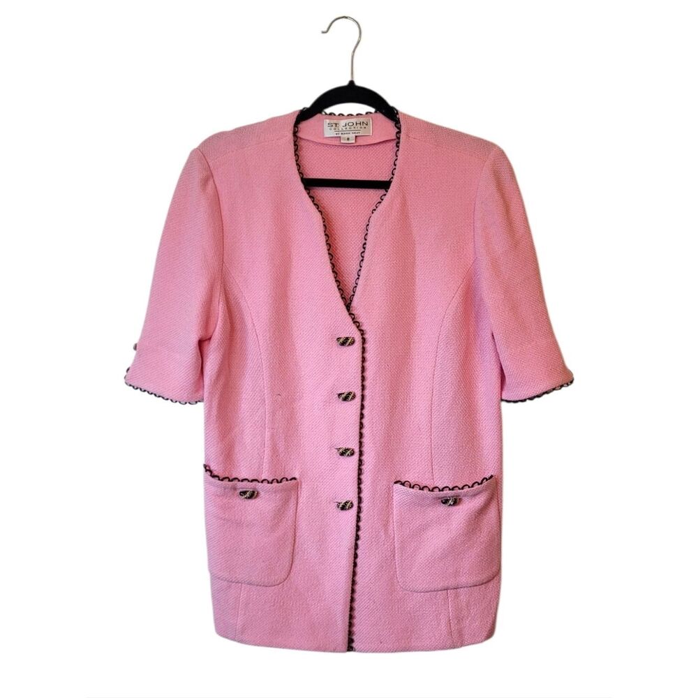 St. John Y2K 2002 Pink Short-Sleeve Knit Blazer with Black Trim Size Size 8